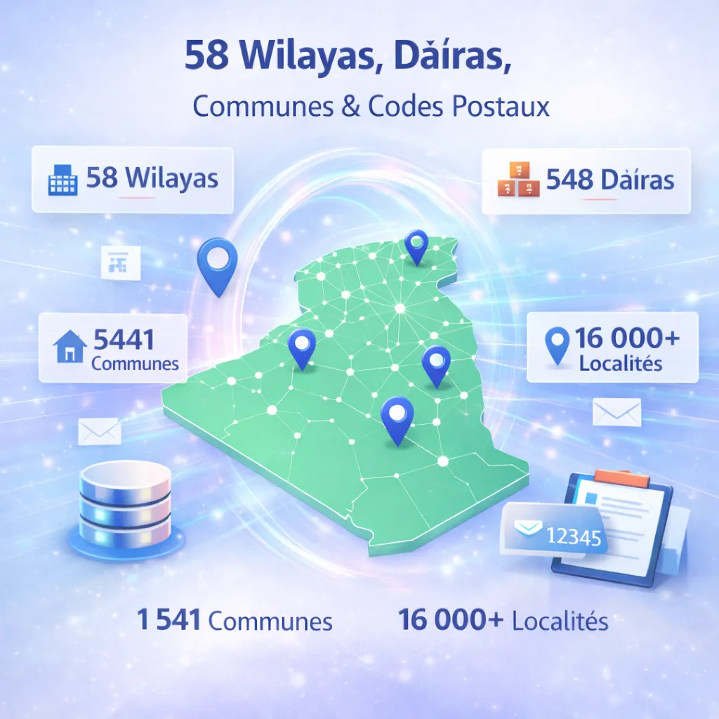 58 Wilayas, Daïras, Communes, Localités Et Codes Postaux – Algérie